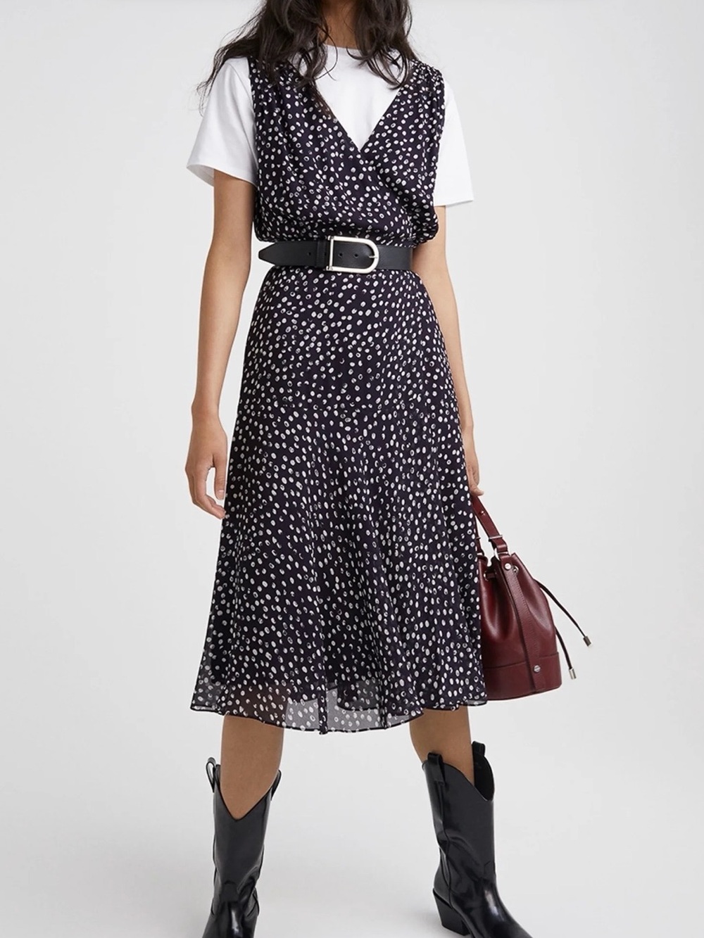 The Kooples blue wrap midi dress with white circle pattern